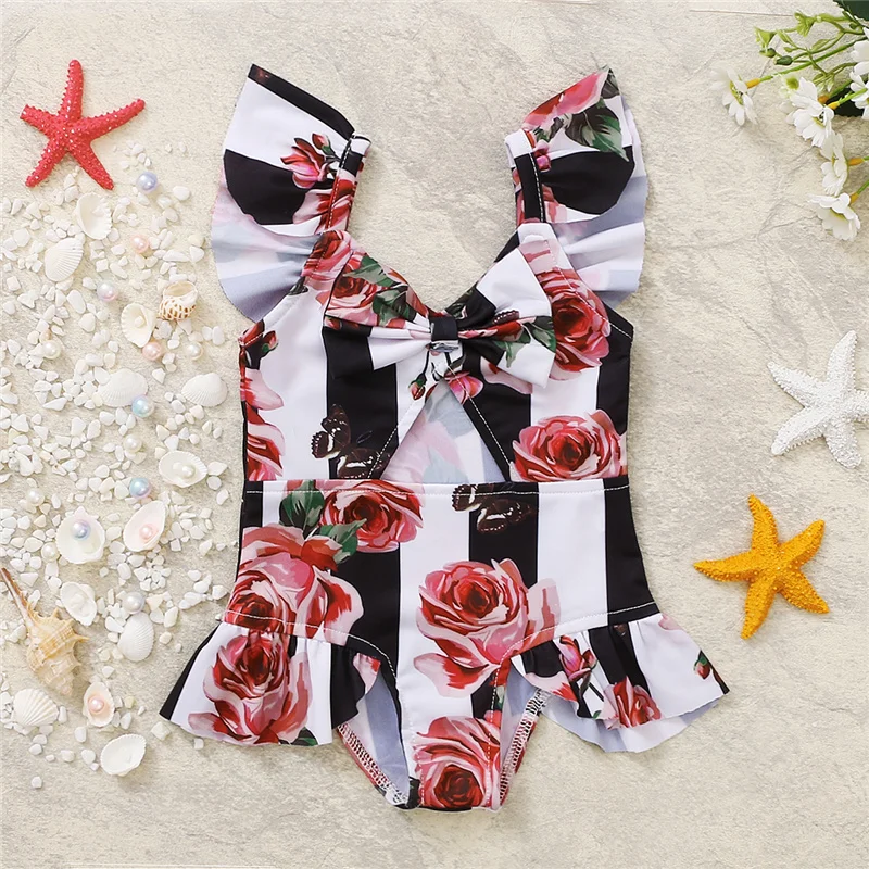 

Children Girls Summer Cool Swimwear,Fashion Leopard/Snake/Floral Print Ruffle Sleeve V-Neck Hollow Out Swimsuit,9Months-4Years
