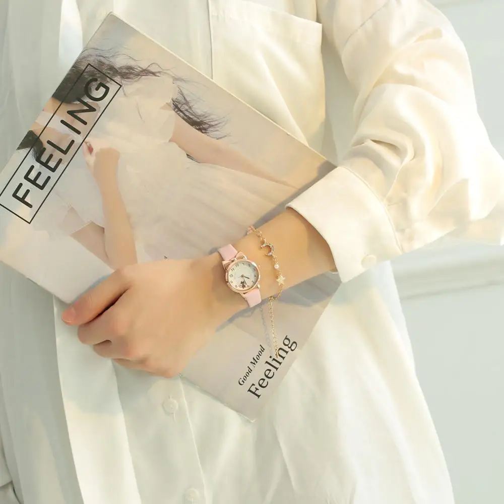 

Fashion Women Watches Cat Pattern Leather Ladies Wrist Watches Dress Students Children Pink Watch Girl Gift Clocks Montre Femme