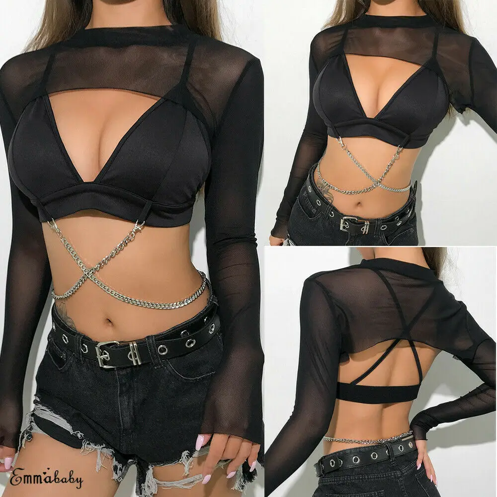2019 Newest Hot Women Sexy Long Sleeve See Through Mesh Fishnet T-Shirts Casual Top Tee Shirt Sheer Black Club Wear | Женская одежда