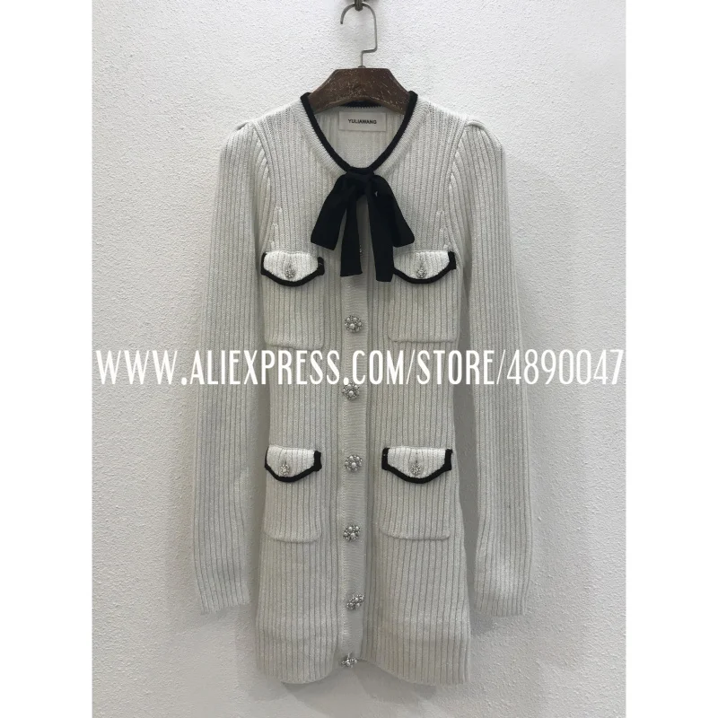 

Retro bow tie pearl diamond buttons stretch knit slim slimming western style dress mini dress