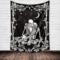 psychedelic skull tapestry moon starry sky rose flower wall hanging black witchcraft kiss star cloth tapestry carpet room decor