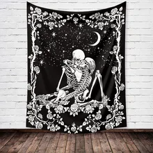Kiss Skull Wall Tapestry Moon Starry Sky Rose Flower Art Wall Hanging Black Witchcraft Star Cloth Tapestries Carpet Room Decor (1)