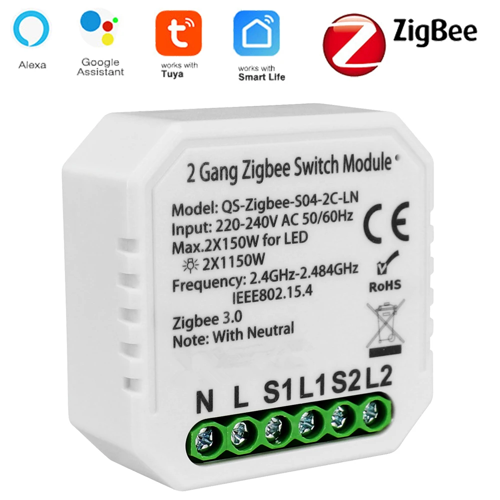 Умный модуль переключателя Tuya Zigbee с нейтральным ЕС 220 В 2-стороннее беспроводное