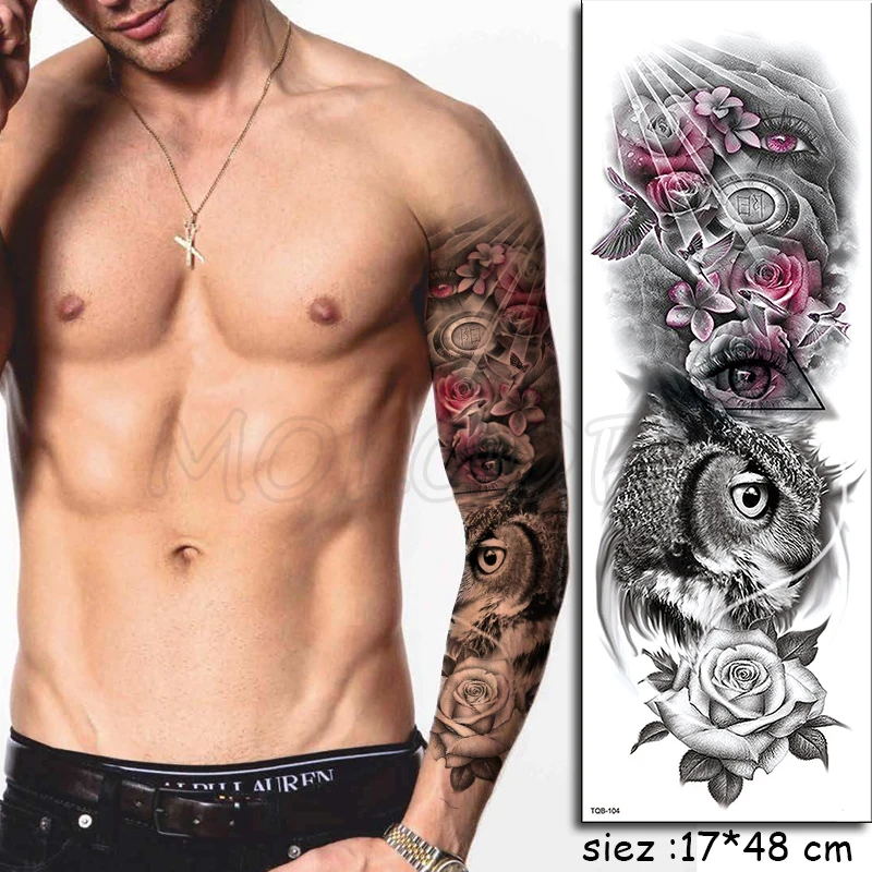 Full Arm Waterproof Temporary Tattoo Sticker Bird Flower Eye Owl Letter Large Fake Tatoo Stickers Flash Tatto To Man Woman Kid | Красота и