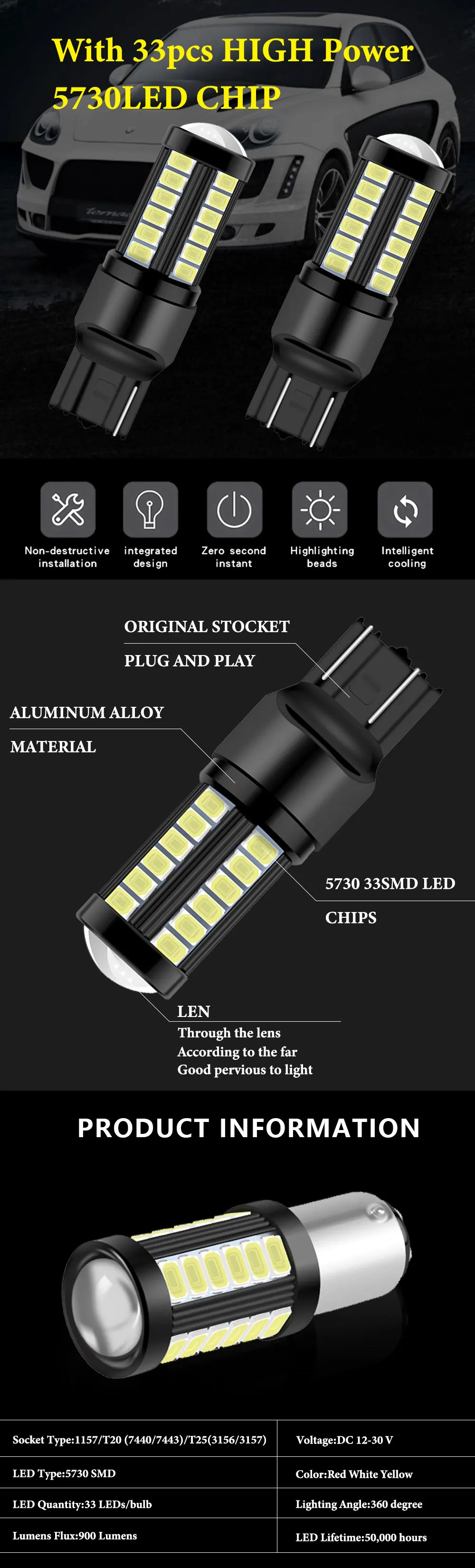 Комплект из 2 предметов T20 W21/5 Вт 7443 7440 W21W 1157 bay15d 3156 3157 5630 33SMD светодиодный Canbus Error Free 12 V-24 V Автомобильный тормоз светильник фонари заднего хода лампы