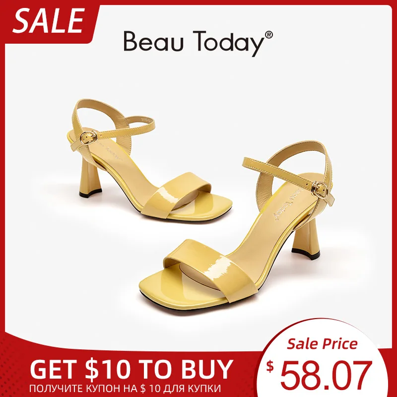 

BeauToday Sandals Women Patent Leather Candy Colors Ankle Buckle Strap Square Toe Summer Ladies High Heel Shoes Handmade 31116