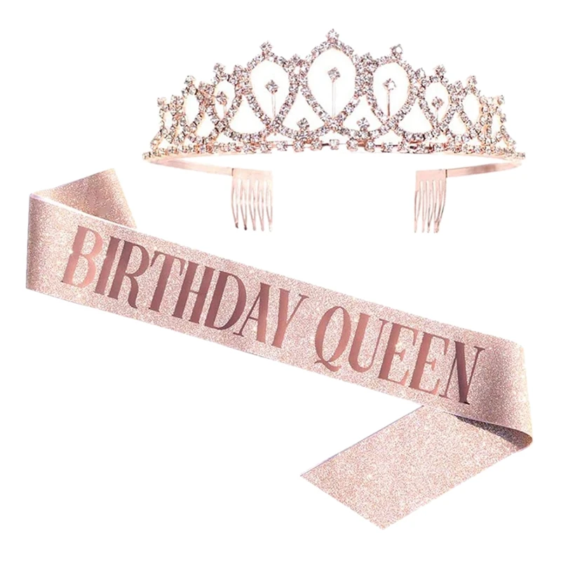

Birthday Queen Belt and Rhinestone Crown-Rose Gold Birthday Gift Shiny Birthday Belt Birthday Party Gift