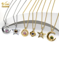 new luxury stainless steel jewelry woman moon necklaces rose gold color zircon pendant long choker necklace jewelery party gifts