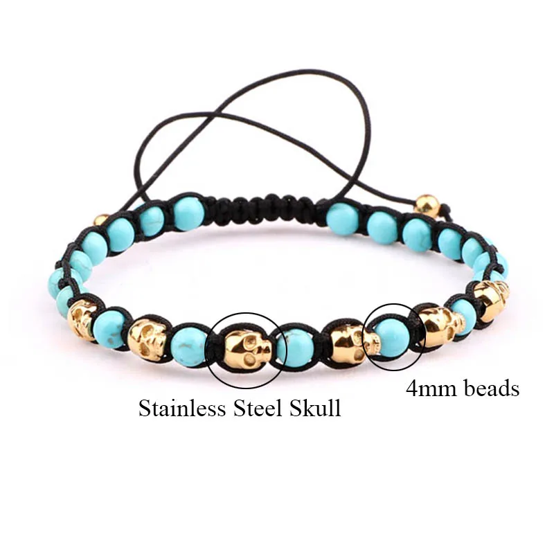 Fashion New Style Stainless Steel Skull Beads Natural Stone Woven Bracelet Men Women Jewelry