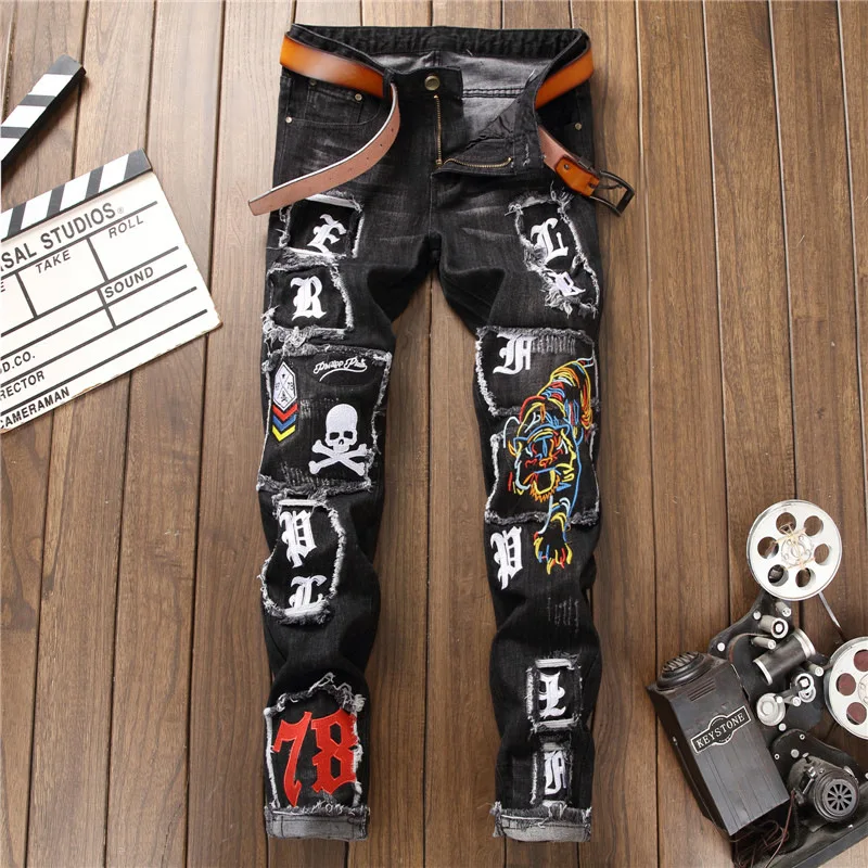 

Fall and Winter New Pants Men Slim-fit Pencil Jeans Washed Frayed Embroidery Tiger Skull Badge Decoration for Male Punk Trousers