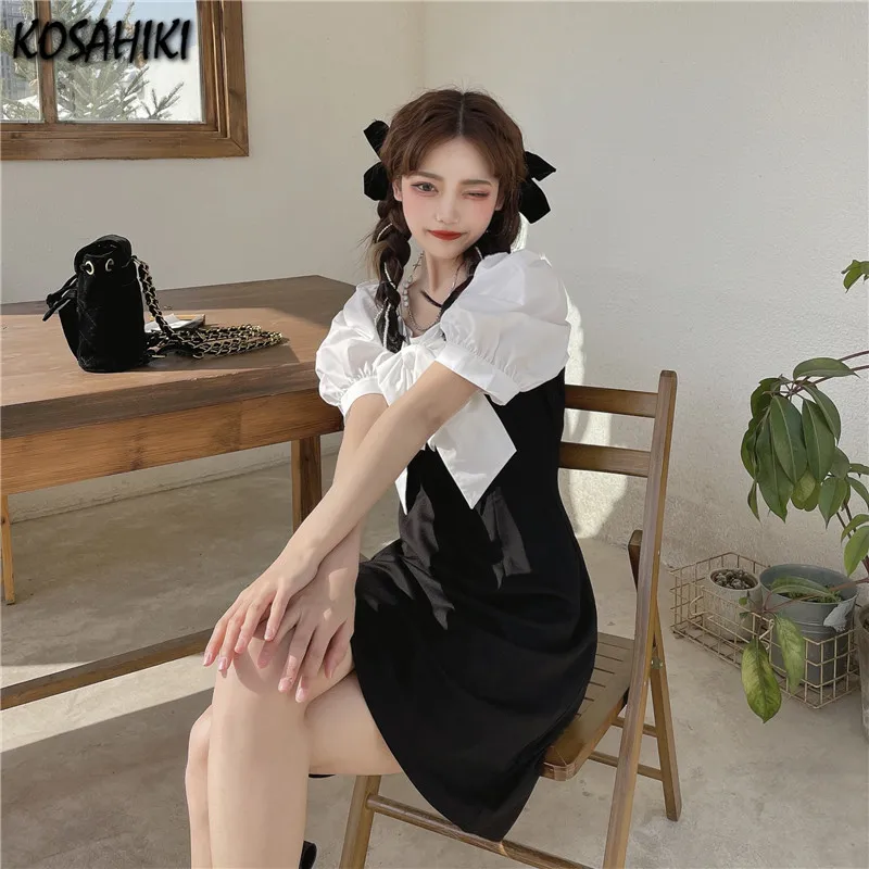 

KOSAHIKI Korean Puff Sleeve Dress Women Black White Patch Mini Dresses Cute Kawaii Bow Bandage Summer Fashion Chic Vestidos