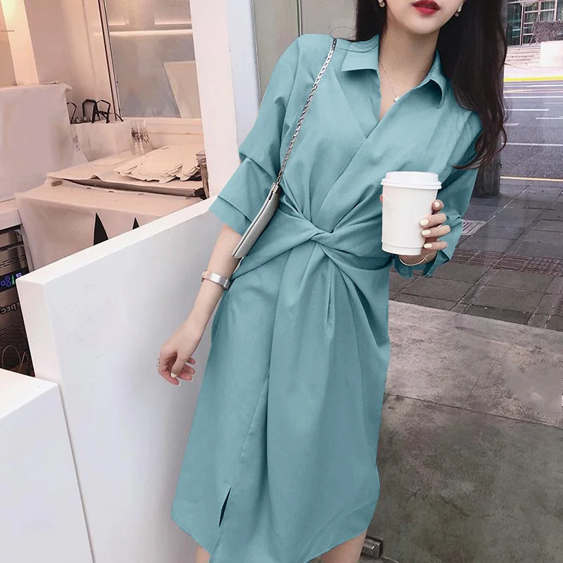 

Элегантное женское платье 2022 VONDA, повседневные платья-рубашки с коротким рукавом, высокой талией, воротником с отворотом, пуговицами, праздн...