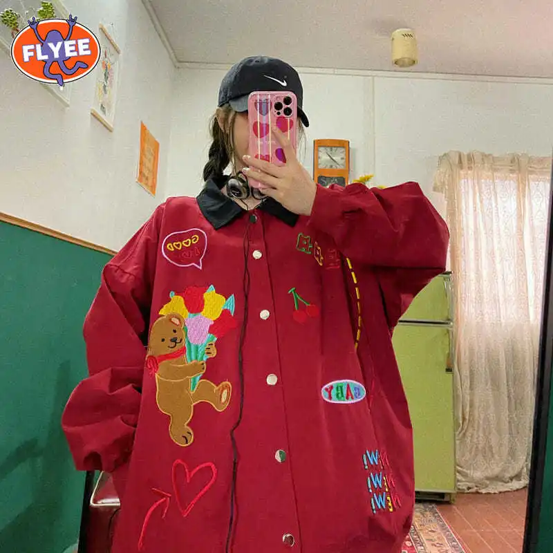 

Women's Letter Embroidery Baseball Jacket Color Block Vintage Harajuku Jacket 2021 Spring Oversized Turn down collar Coats