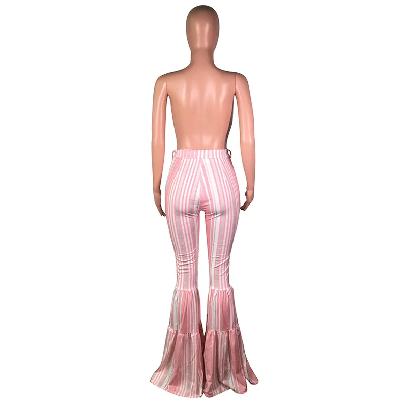 

Striped Pink Ruched Flare Pants Women High Waist Sashes Lace Up Bell Bottom Trousers Streetwear Causal Plus Size Long Joggers