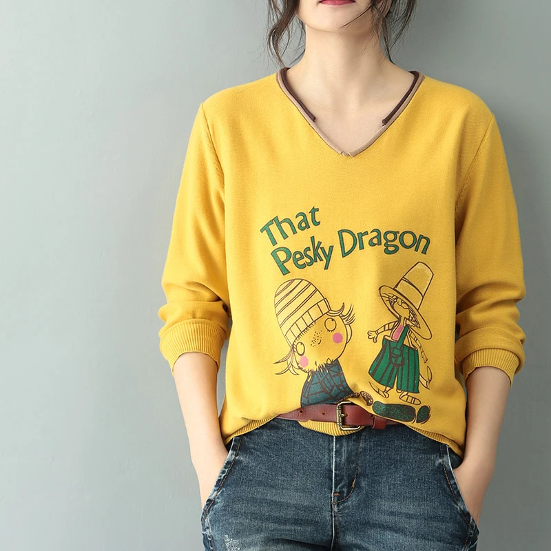 

Cartoon Printing Knitted Sweater Women Autumn V Neck Cotton Loose Sweaters Pullover Winter Woman Clothes 2020 Winter Pull Femme