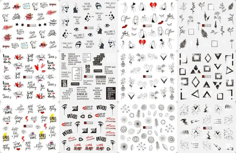 

12 Sheets Nail Art Water Transfer Sticker Sexy Glasses Girl Love Letter Red Lips Leaf Snowflake Design Nails Wrap Decoration