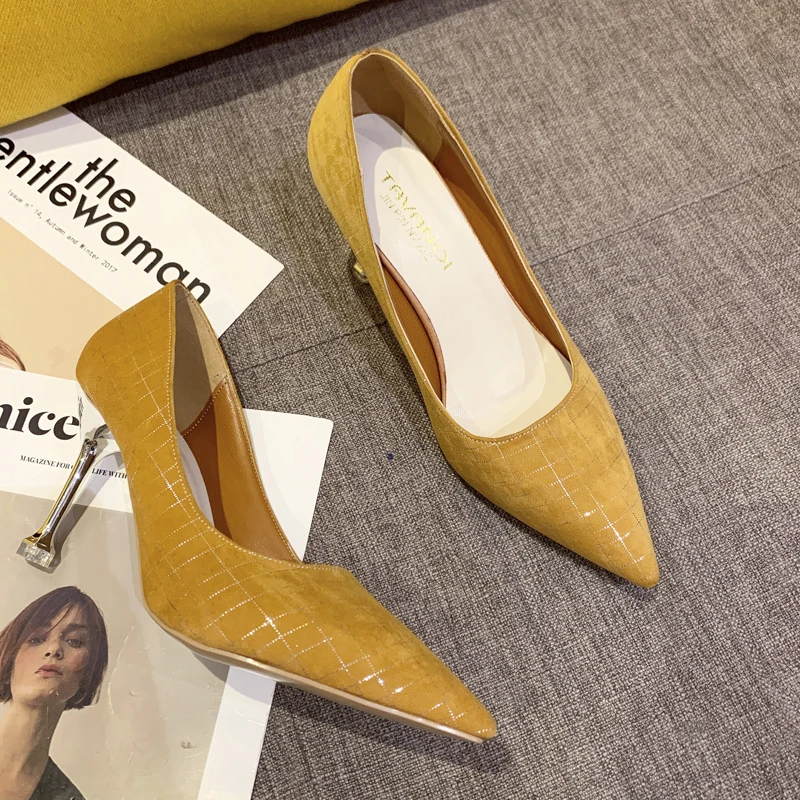 Туфли-лодочки женские на тонком каблуке 8 5 см желтые низком замшевые шпильке |