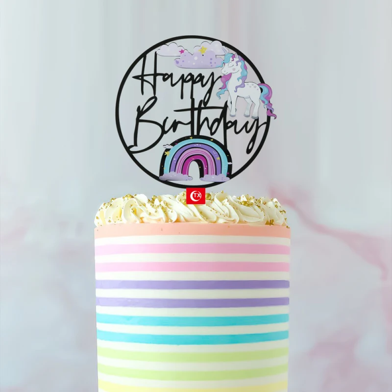 

Rainbow Cake Toppers Happy Birthday Party Painted Acrylic Cake Flags For Baby's Boy or Girl Cake Baking Decor