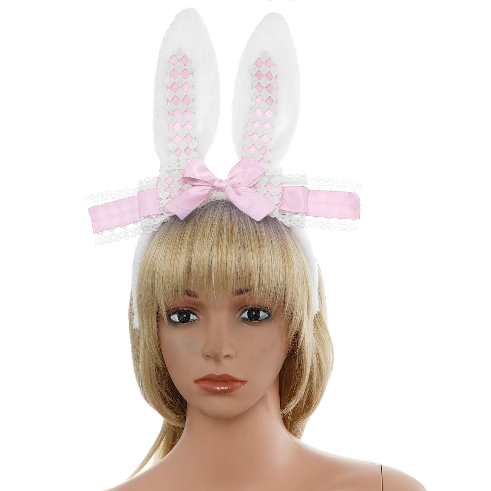 

Halloween Costume Accessories Props Women Cute Animal Rabbit Ears Bowknot Front Lace Decor Plush Headband Hair Hoop for Cosplay