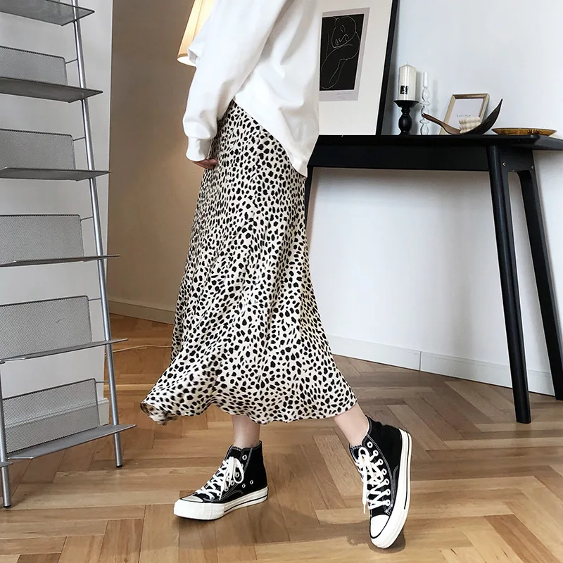 

Satin Leopard Print Skirt Women 2021 High Waist Elegant Hip Skirt Female Fish Tail Long A- Line Skirt