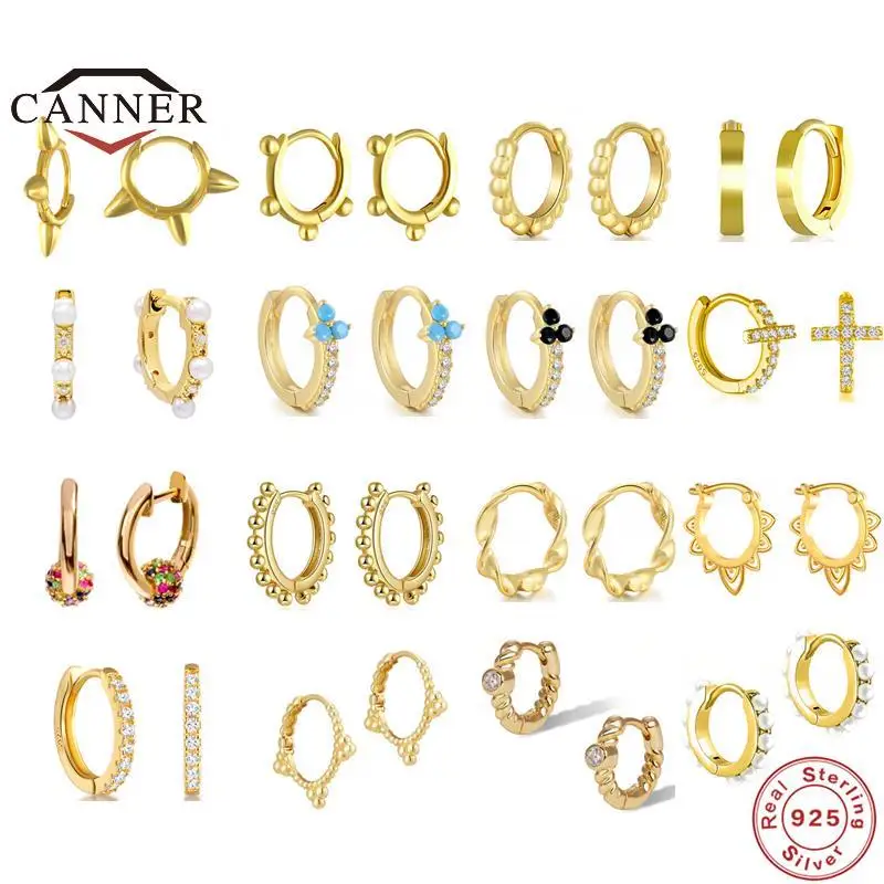 

CANNER 925 Sterling Silver Huggies Hoop Earrings for Women Tiny Rings Cartilage Pearl Cross Piercing Circle Men Hoops Jewelry