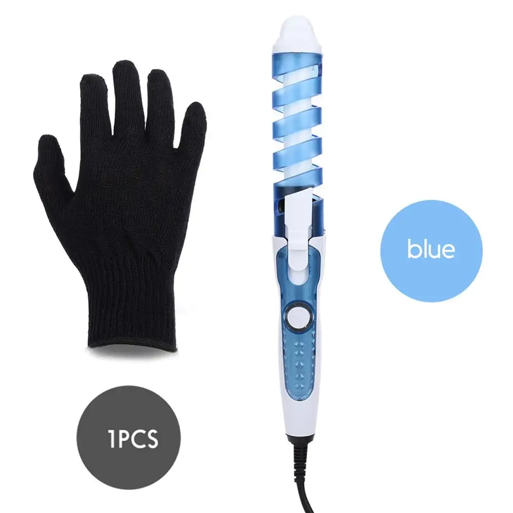 Blue With Glove Portable Hair Curler Roller Spiral Curling Iron Salon Electric Hair Curler Beauty Curling Wand Professional Hair Styler Beauty S - Цвет: Blue With Glove