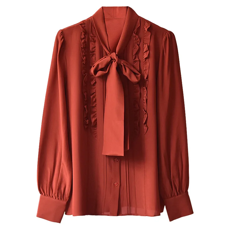 

New silk Small black fungus ribbon ruffled lace silk blouse female mulberry silk shirt shirt red bow