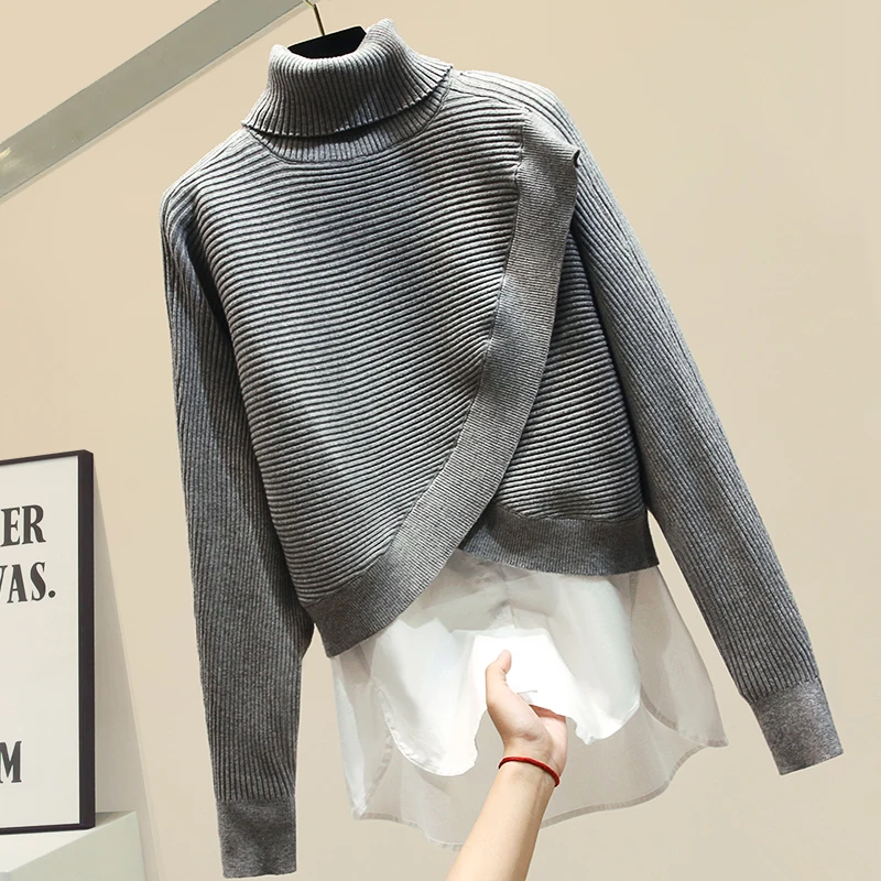 

Пуловер Twopiece с высоким воротником + белая рубашка, женский модный осенне-зимний полосатый свитер из смешанной шерсти, пуловер, Женский пулов...