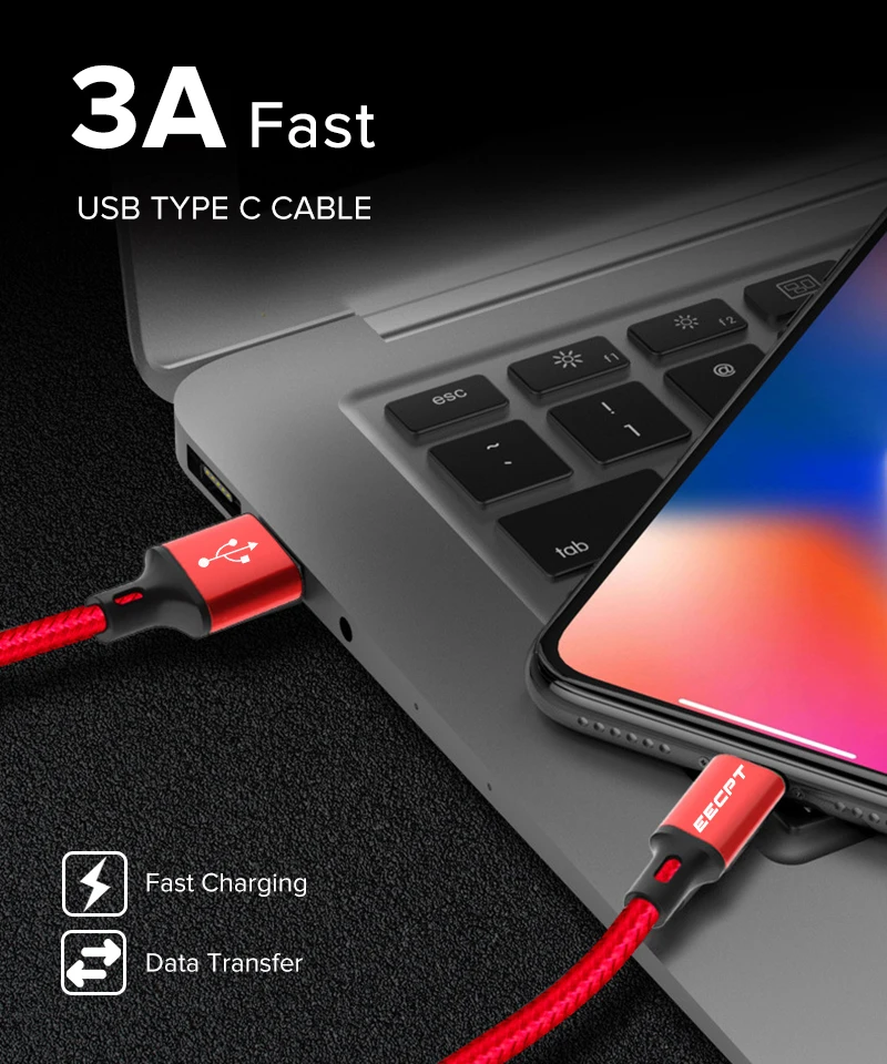 EECPT кабель usb type-C, 3 А, кабель для быстрой зарядки и передачи данных, кабель USB C для зарядки телефона, кабель type-C для samsung S9, huawei, Xiaomi, Oneplus 6T