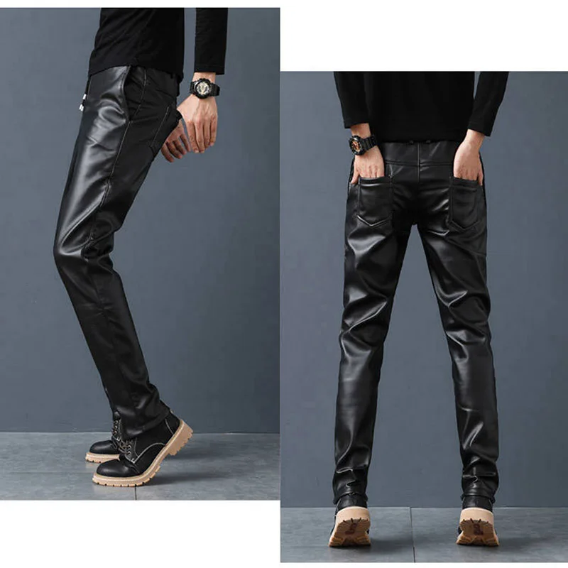 Idopy мужские брюки из искусственной кожи Стрейчевые черные облегающие на шнурке
