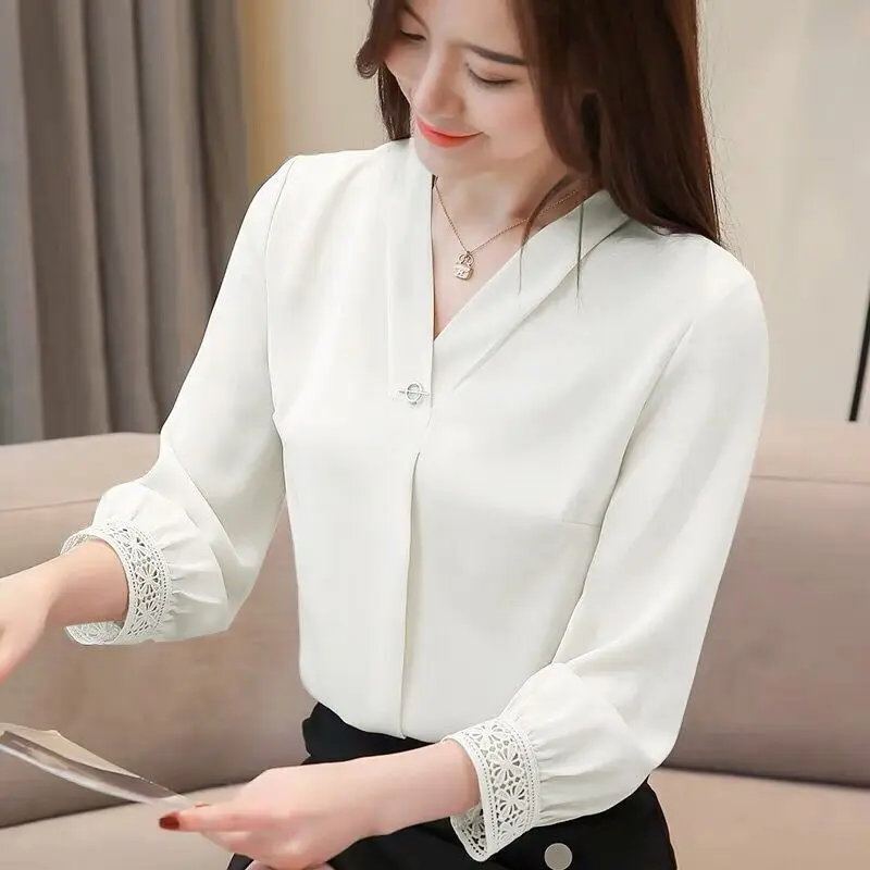 

Women Spring Summer Style Chiffon Blouses Shirts Lady Casual Long Sleeve Turn-down Collar Solid Color Blusas Tops ZZ0396