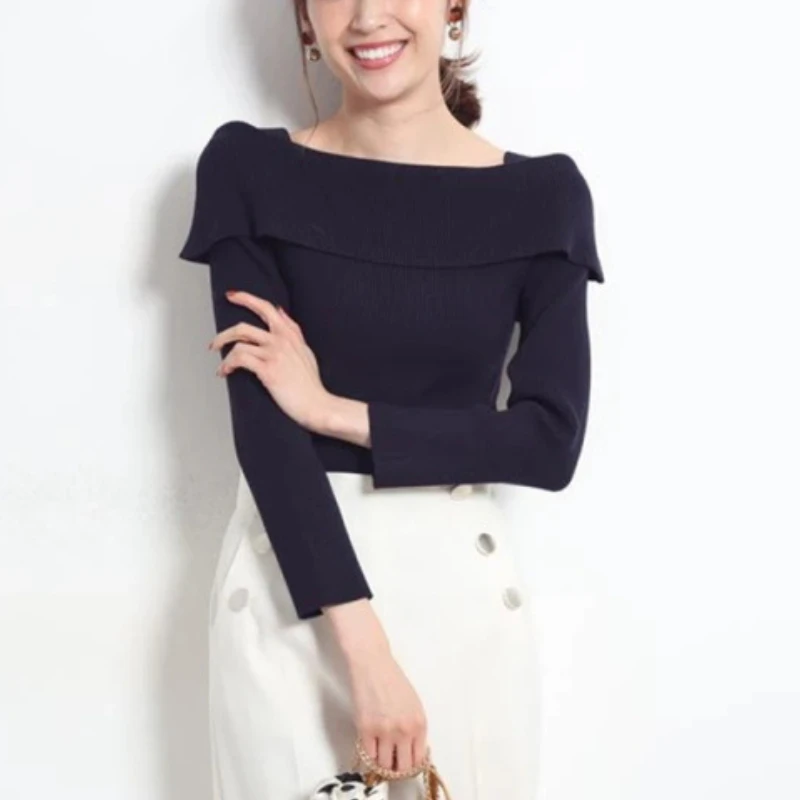 

Sweet Off Shoulder New Sailor Collar Women Pullovers Vintage Women Tops Knitted Design Bandage Elegant Sweaters 2021 Spring