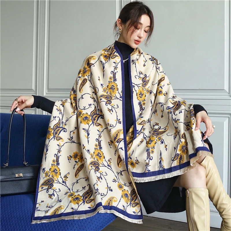

2022 Thick Neckerchief Stoles Winter New Cashmere Scarf Pashmina Floral Printed Female Foulard Shawls Wraps Lady Warm Blanket