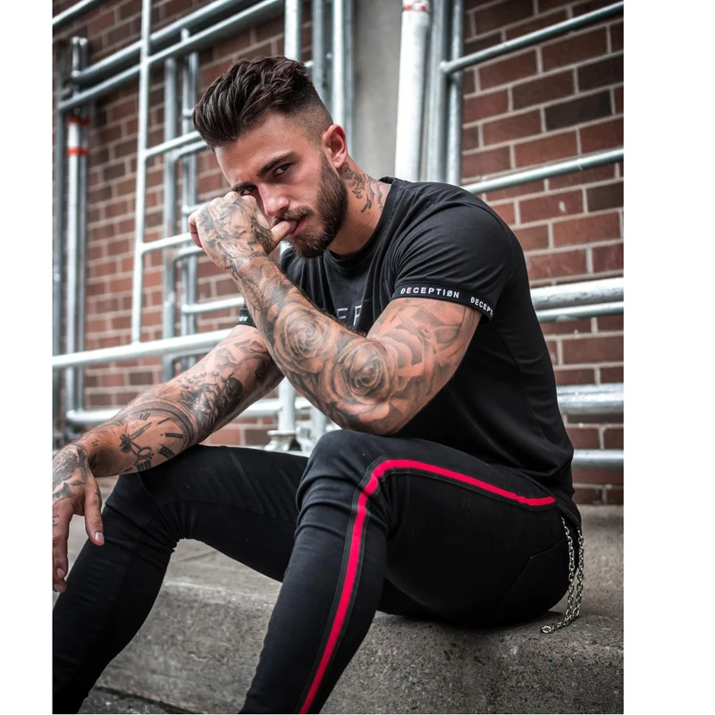 

Mens Side Stripe Skinny Fit Classics Black Jeans Hip Hop Streetwear Solid Color Plus Size Cotton Casual Pencil Pants For Men