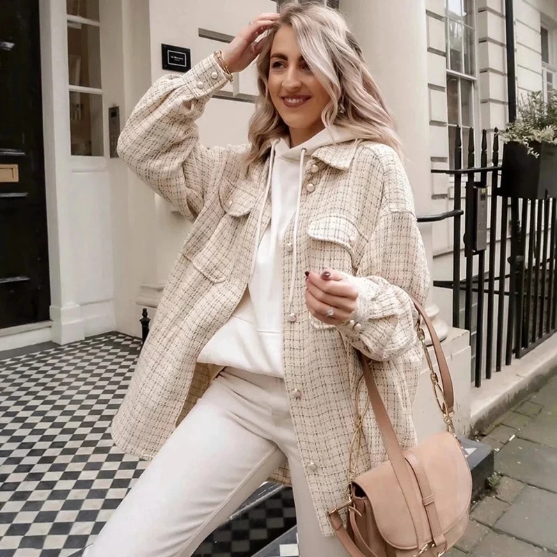 

2021 Autumn Tweed Women Vintage Oversize Plaid Shirts Buttons Jacket Coat Long Sleeve Pockets Elegant Female Outerwear Chic Tops
