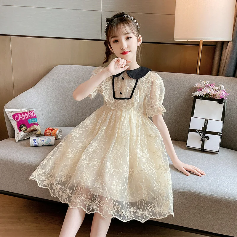 

High Quality Baby Girls Summer Lace College Style Princess Dress Pink Beauty Bridesmaid Flower Girl Dress Teenage Kids Clothes