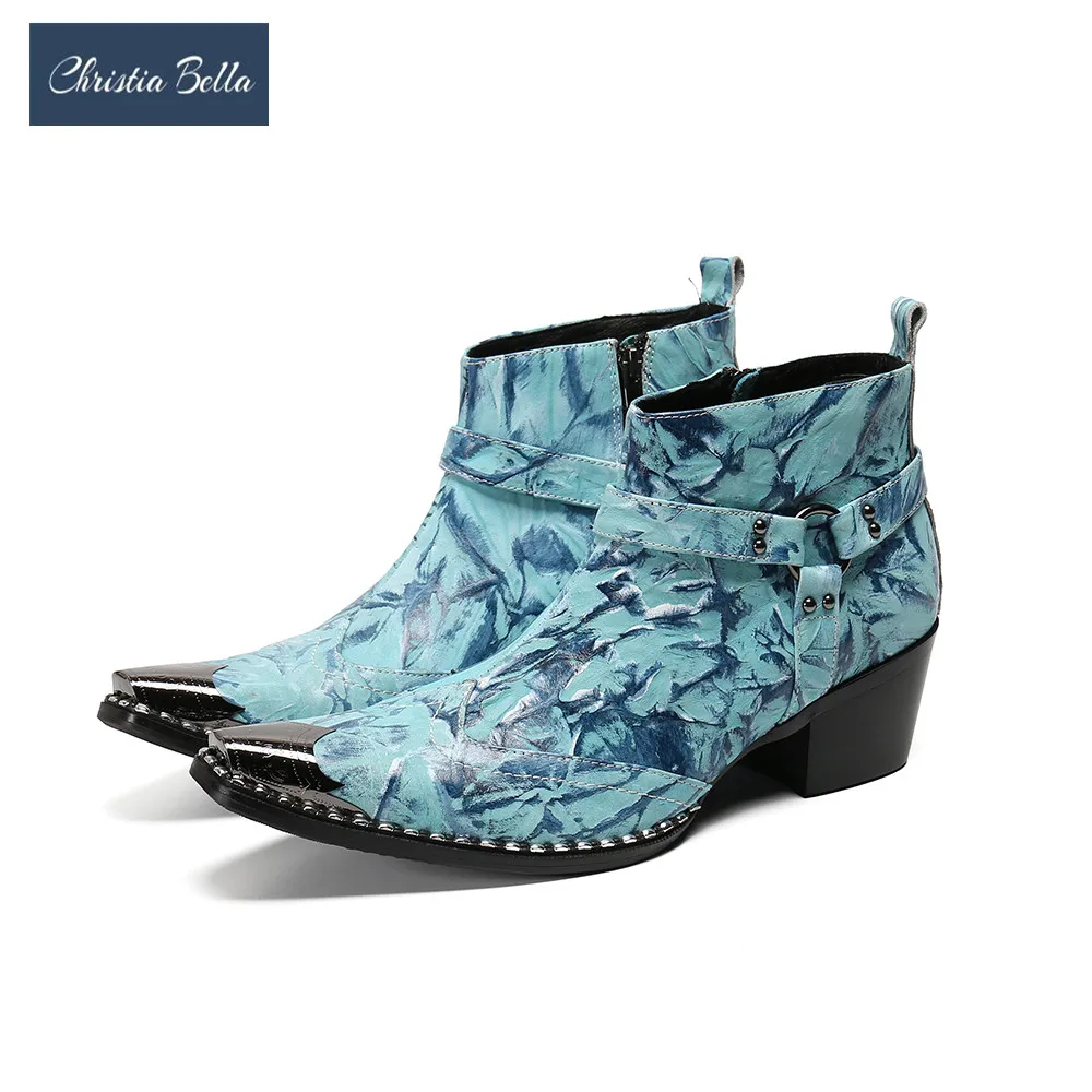 Мужские Дизайнерские ботильоны из натуральной кожи синие ковбойские ботинки с