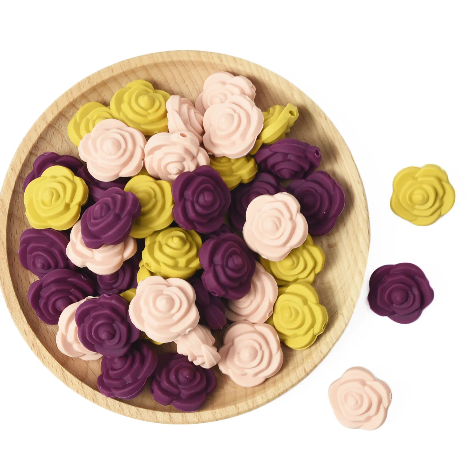 Cuentas de rosa de silicona sin BPA para ni&ntilde;a, mordedores de beb&eacute; con flores, collar de dentici&oacute;n, Juguetes DIY, 10/20 piezas-2