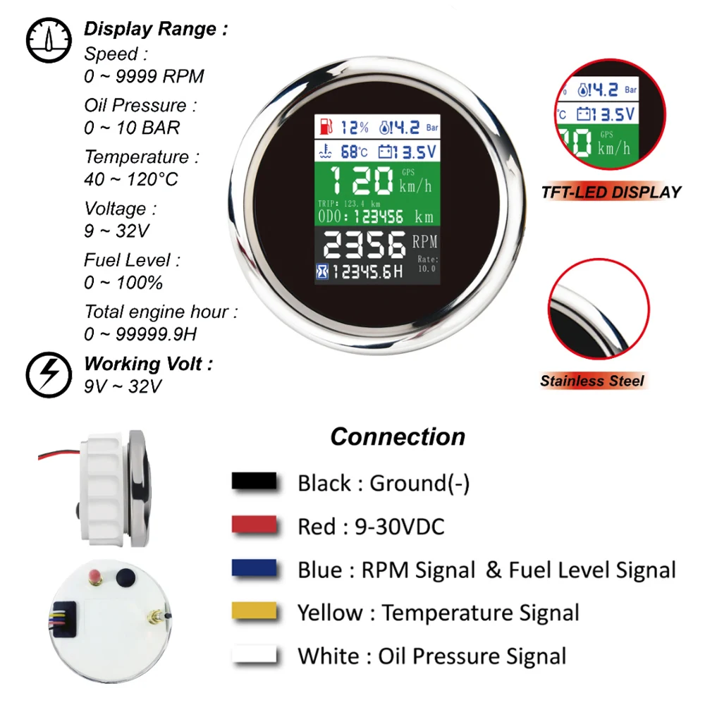 85 мм 6 в 1 Многофункциональный цифровой манометр GPS уровень топлива температура