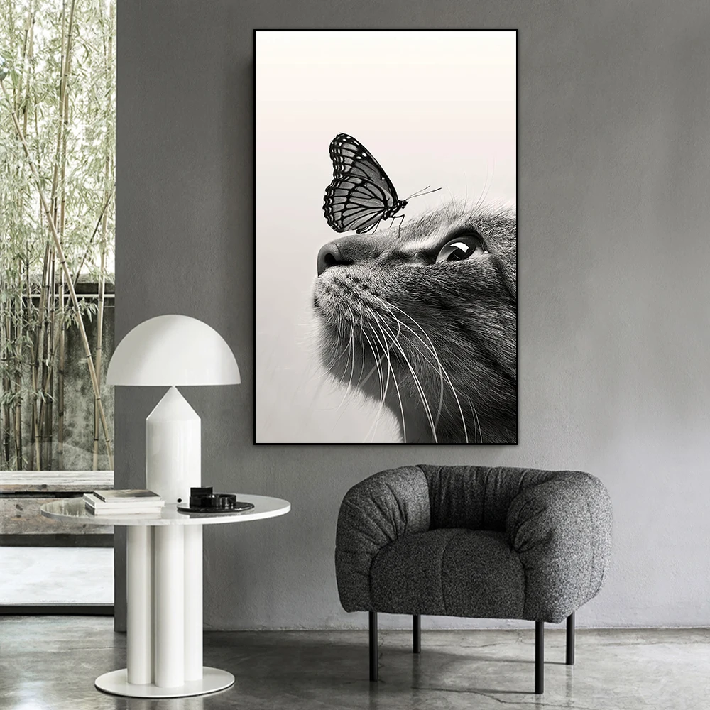 

Cute Cat and Butterfly Wall Decor Posters Animal Canvas Painting Prints Wall Pictures for Kids Room Home Decoration No Frame