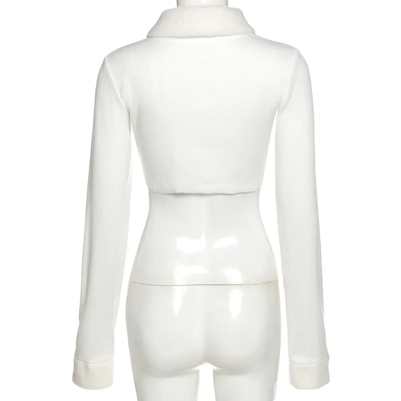 

ALLNeon Cyber Y2K Zip Up Crop Tops Vintage Streetwear Fake Fur Turn Down Collar Long Sleeve White T-shirt 90s Fashion Outfits