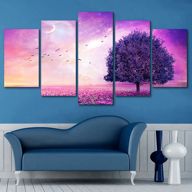 

Modular Picture Wall Art Fashion Home Decoration 5 Panel Purple Tree Canvas Oil Painting for Living Room Modern Printing Type