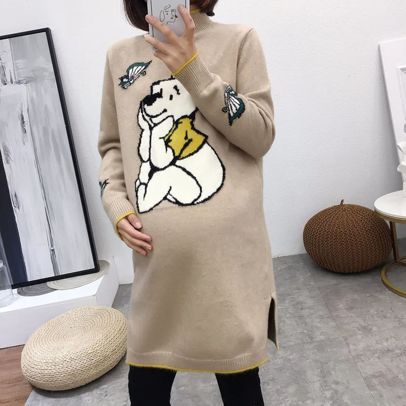 Autumn Winter Maternity Elastic Cartoon Long Sweater Expectant Mother Knit Sweater Pregnant Women Pregnancy Warm Clothes Top
