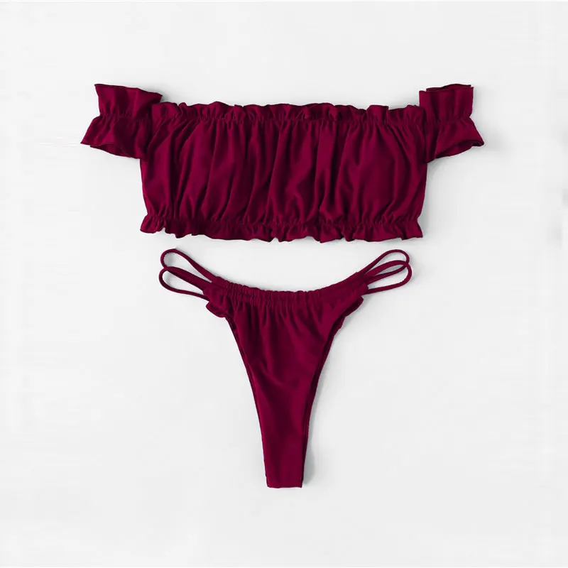 Romwe Sport Lettuce Trim and Strappy Thong Bikini Set Summer Wireless Off the Shoulder Sexy Bathing Suit Women High Cut Swimsuit