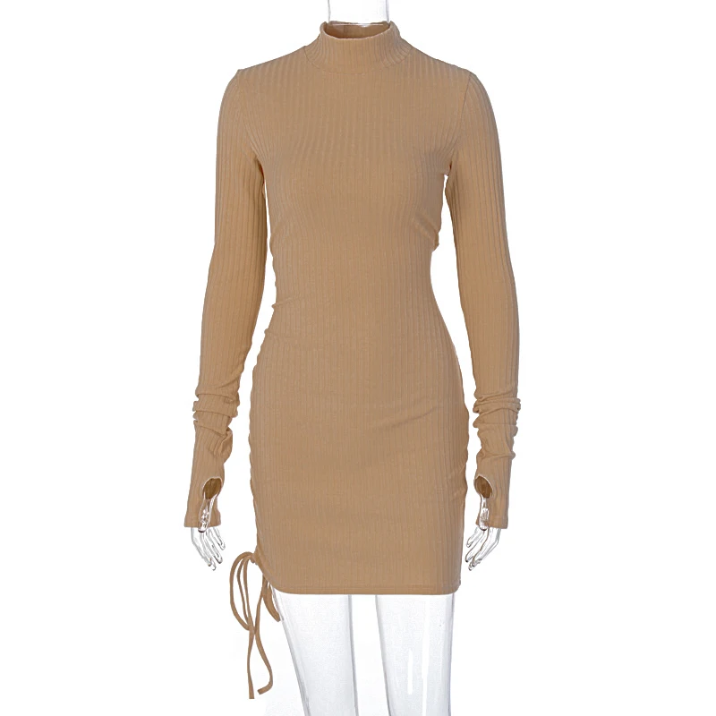 

2021 Long Sleeve Ribbed Ruched Bandage Sexy Mini Dress Autumn Winter Women High Neck Knitted Pure Party Elegant Outfits