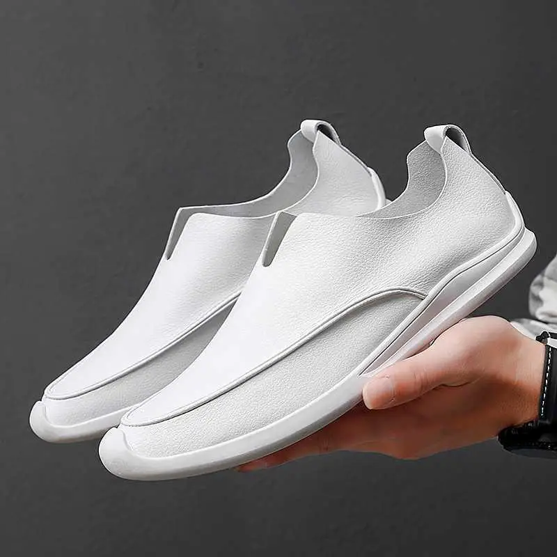 

Genuine Leather Men Casual Shoes 2020 Summer Breathable Mens Loafers Fashion Slip-On Soft White Driving Shoes