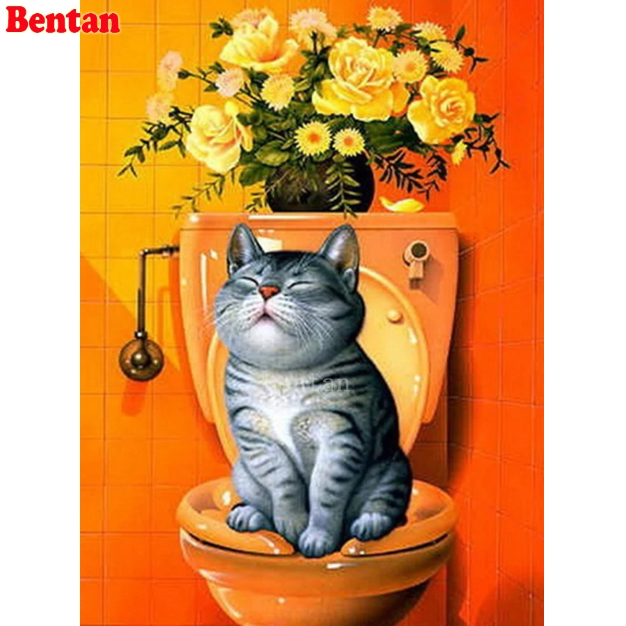 

Полностью квадратная круглая дрель 5d алмазная Картина Кот Туалет Сделай Сам Алмазная вышивка крестиком ванная комната украшение Алмазная ...