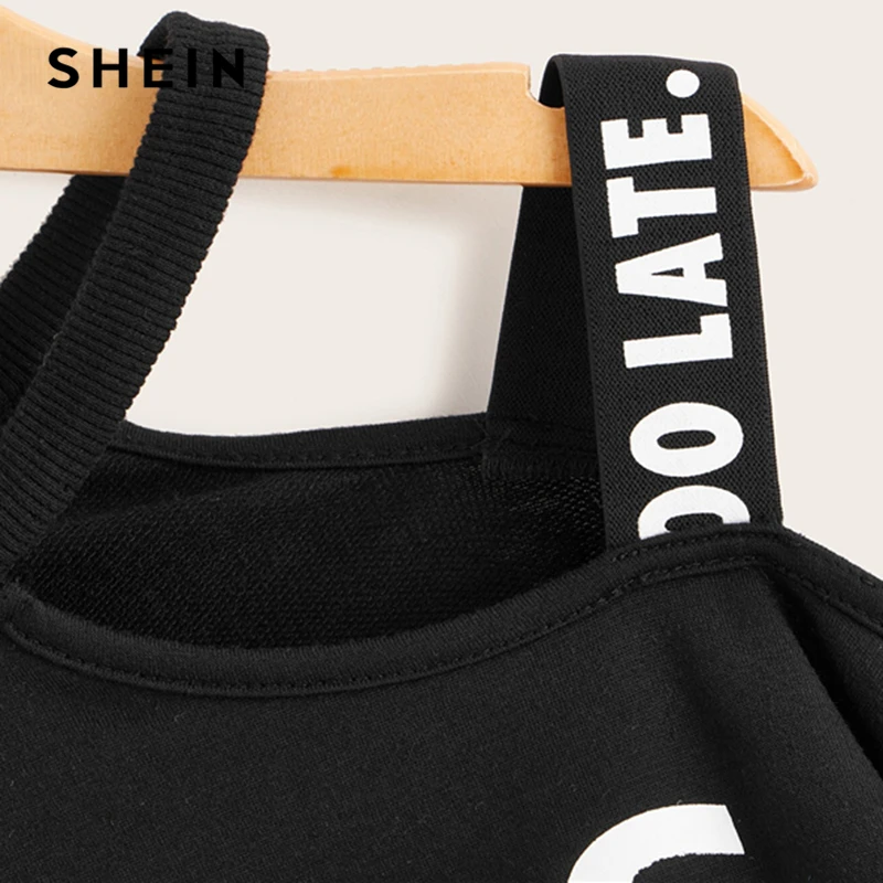 SHEIN Kiddie/черный пуловер на одно плечо с буквенным принтом и ремешком; детские топы; коллекция года; Осенняя детская повседневная толстовка с длинными рукавами