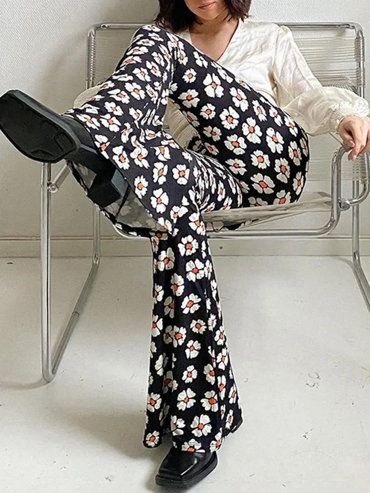 Women's Flare Pants High Waist Trouser Suits Bag Hip Woman Traf Floral Print Clothes Sweatpants Clothing Wide Leg Flared Pants