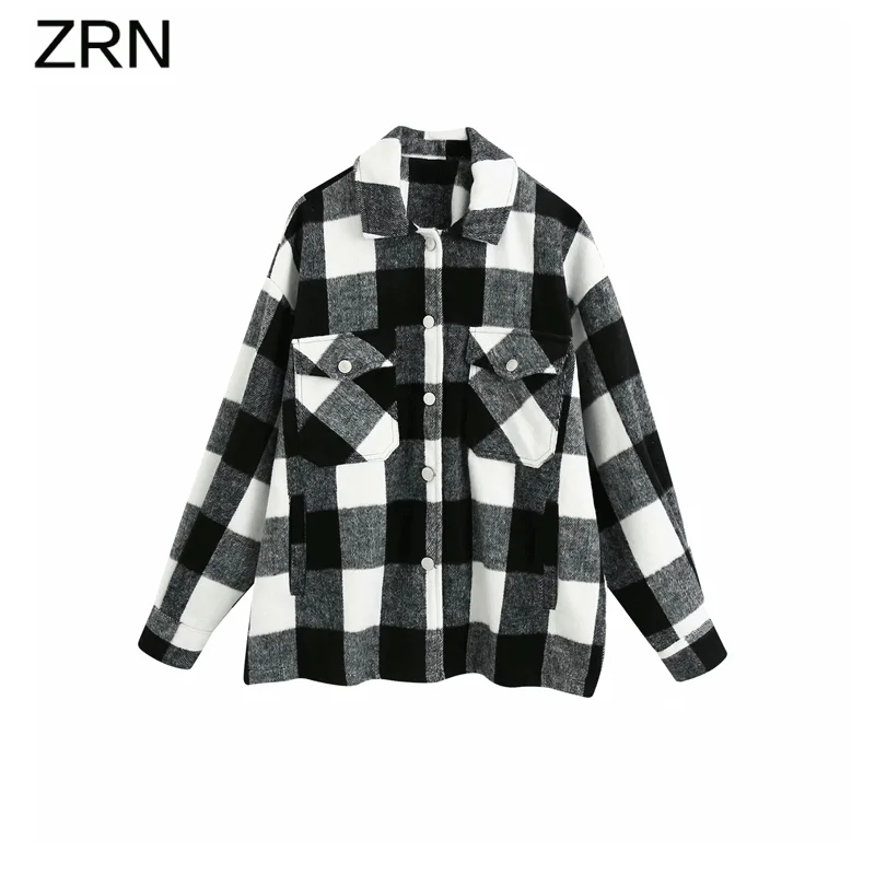ZRN черно белая клетчатая винтажная куртка оверсайз пальто женская модная мягкая